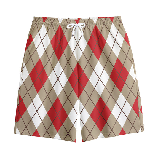 Red White And Beige Argyle Pattern Print Cotton Shorts