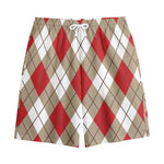 Red White And Beige Argyle Pattern Print Cotton Shorts
