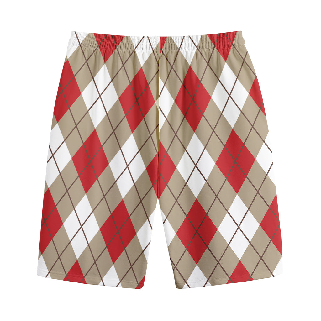 Red White And Beige Argyle Pattern Print Cotton Shorts