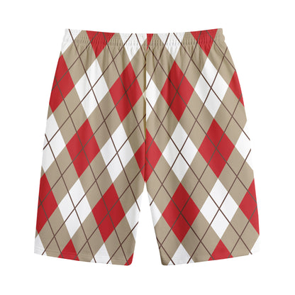 Red White And Beige Argyle Pattern Print Cotton Shorts