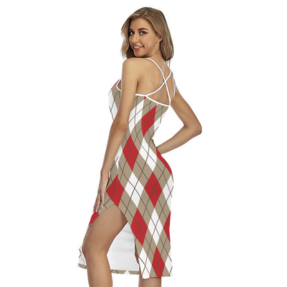 Red White And Beige Argyle Pattern Print Cross Back Cami Dress