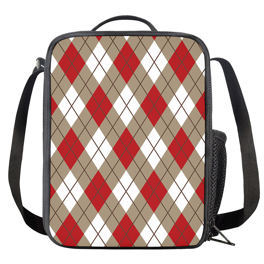 Red White And Beige Argyle Pattern Print Crossbody Lunch Bag