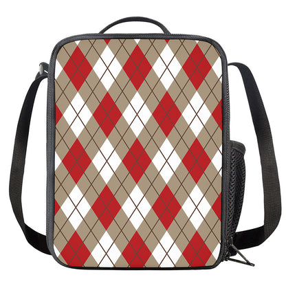 Red White And Beige Argyle Pattern Print Crossbody Lunch Bag