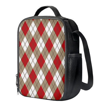 Red White And Beige Argyle Pattern Print Crossbody Lunch Bag
