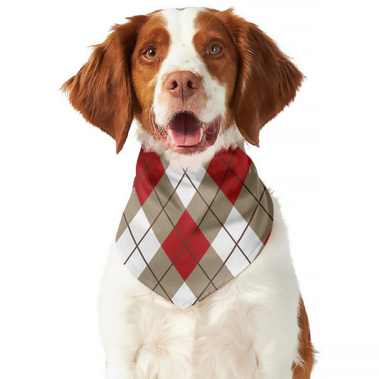 Red White And Beige Argyle Pattern Print Dog Bandana
