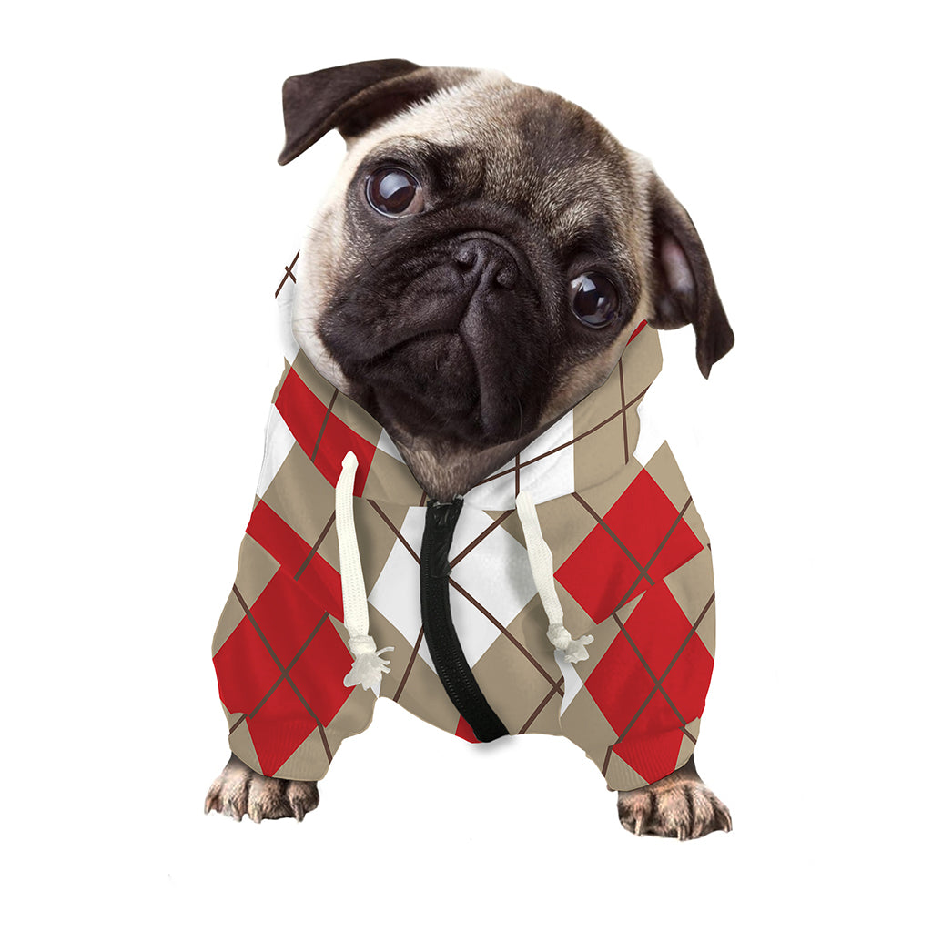 Red White And Beige Argyle Pattern Print Dog Zip Up Hoodie