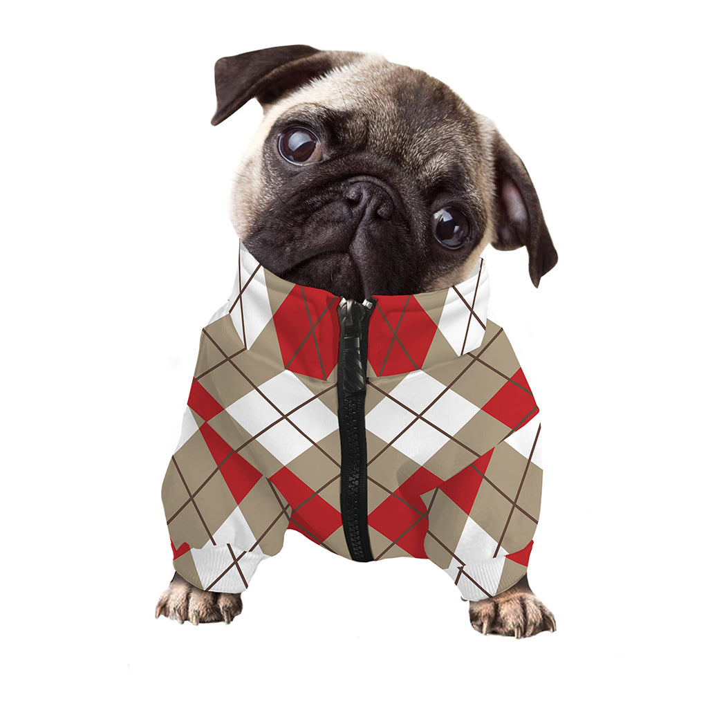 Red White And Beige Argyle Pattern Print Dog Zip Up Jacket