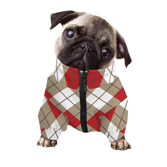 Red White And Beige Argyle Pattern Print Dog Zip Up Jacket