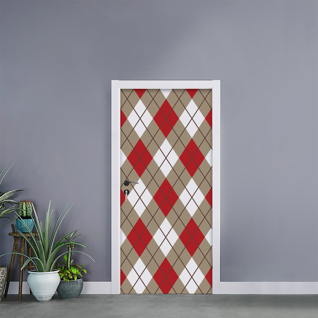 Red White And Beige Argyle Pattern Print Door Sticker