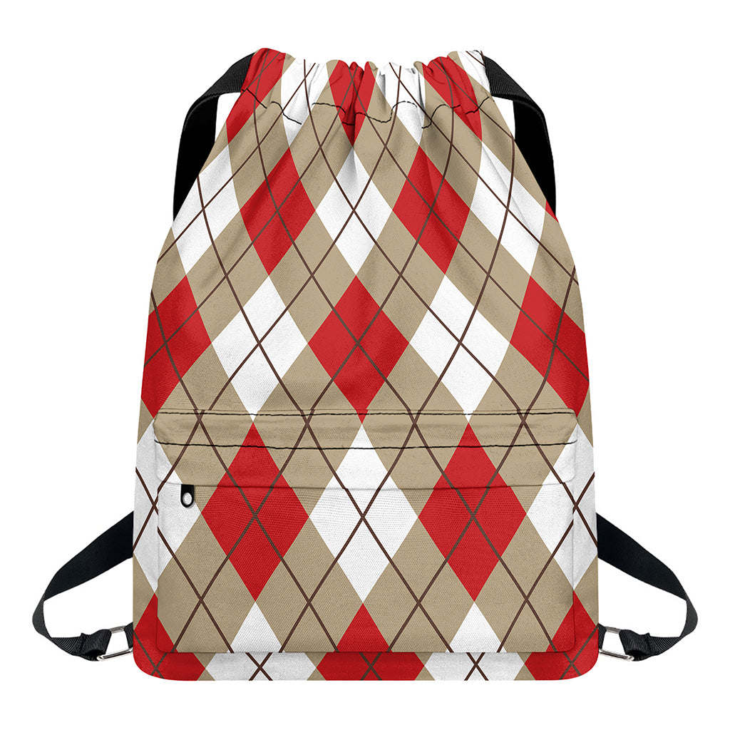 Red White And Beige Argyle Pattern Print Drawstring Backpack