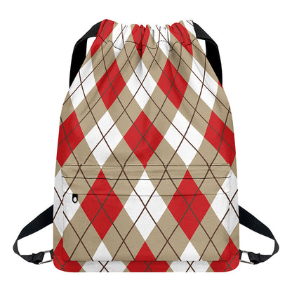 Red White And Beige Argyle Pattern Print Drawstring Backpack