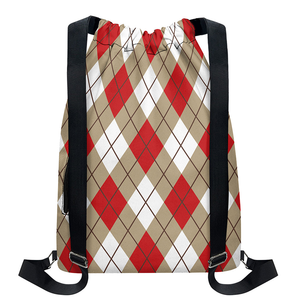 Red White And Beige Argyle Pattern Print Drawstring Backpack