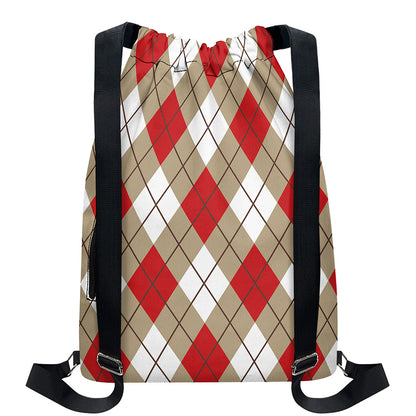 Red White And Beige Argyle Pattern Print Drawstring Backpack