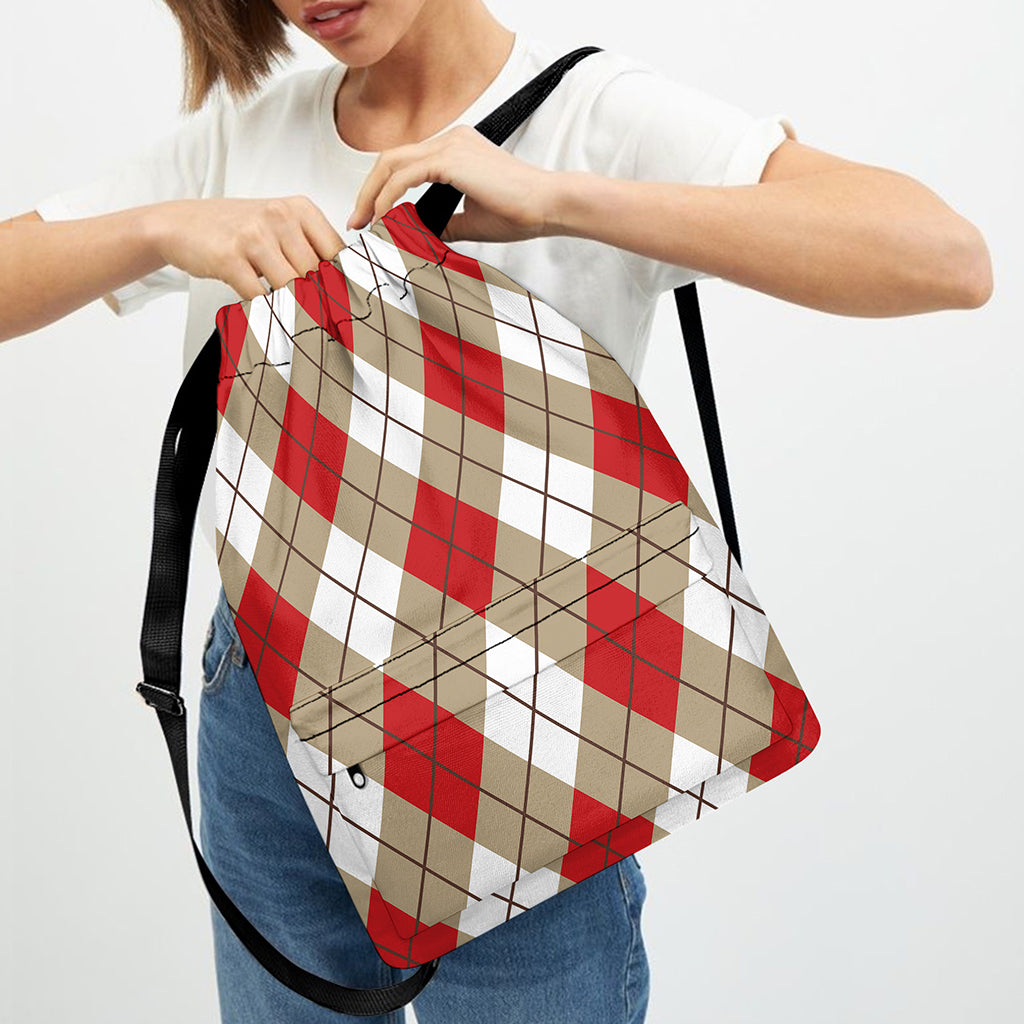 Red White And Beige Argyle Pattern Print Drawstring Backpack