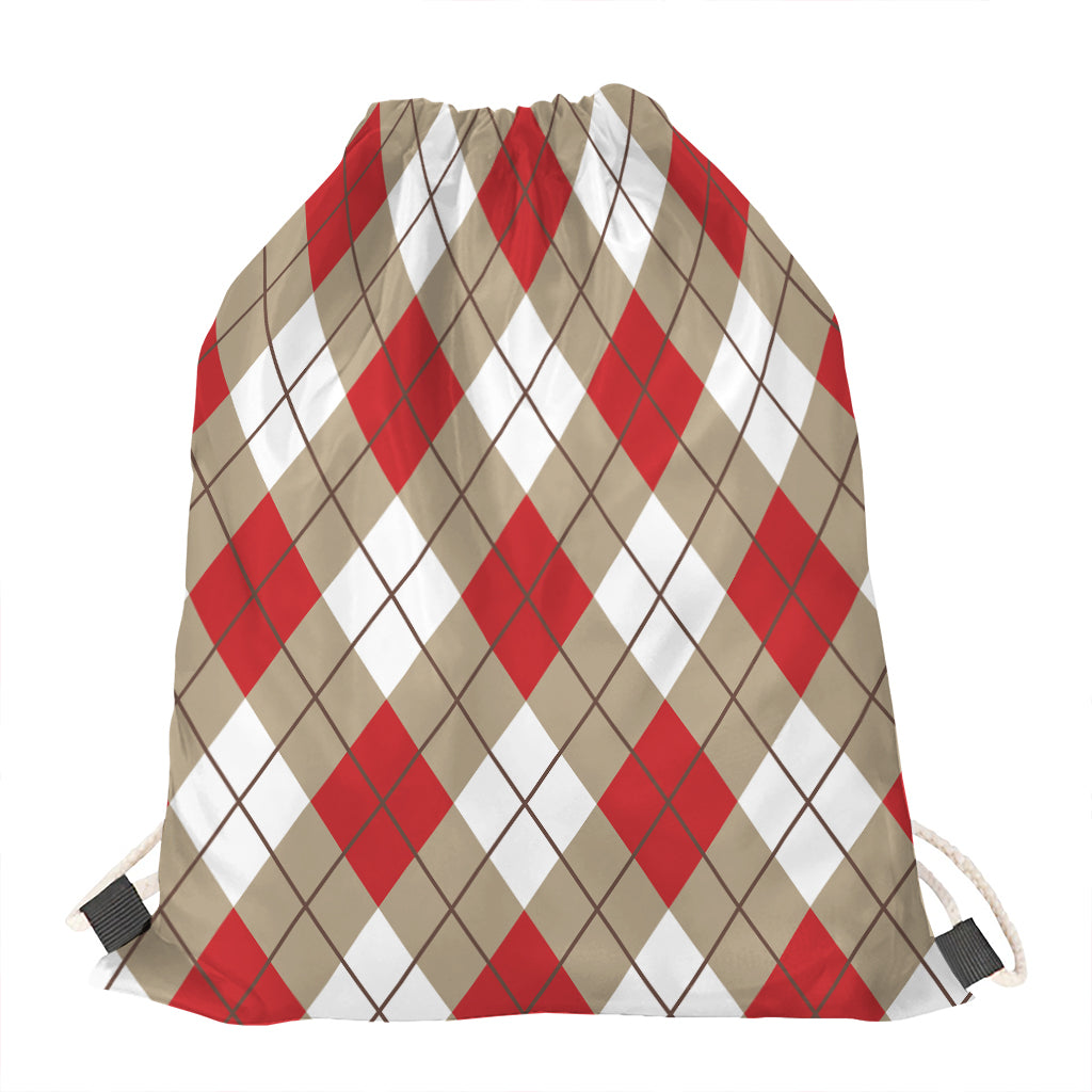 Red White And Beige Argyle Pattern Print Drawstring Bag