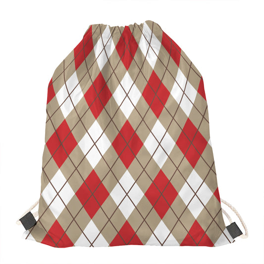 Red White And Beige Argyle Pattern Print Drawstring Bag
