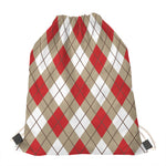 Red White And Beige Argyle Pattern Print Drawstring Bag