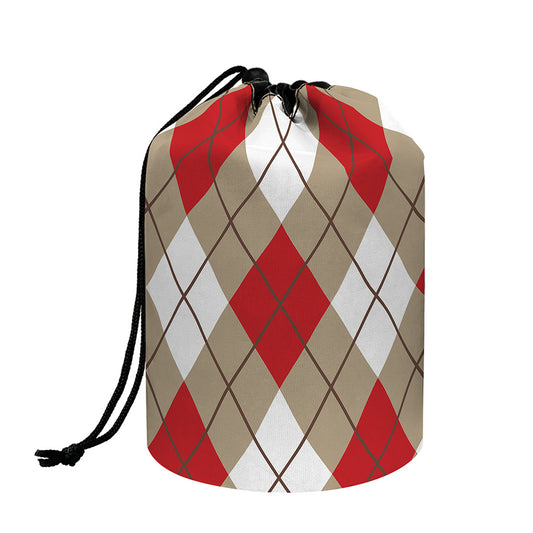 Red White And Beige Argyle Pattern Print Drawstring Makeup Bag