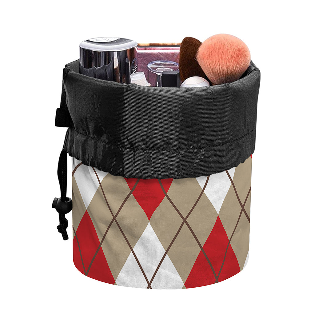 Red White And Beige Argyle Pattern Print Drawstring Makeup Bag