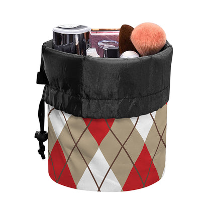 Red White And Beige Argyle Pattern Print Drawstring Makeup Bag