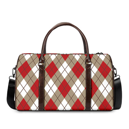Red White And Beige Argyle Pattern Print Duffle Bag