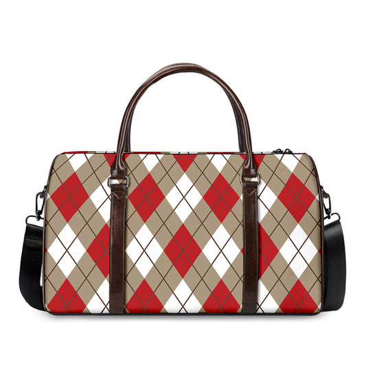 Red White And Beige Argyle Pattern Print Duffle Bag
