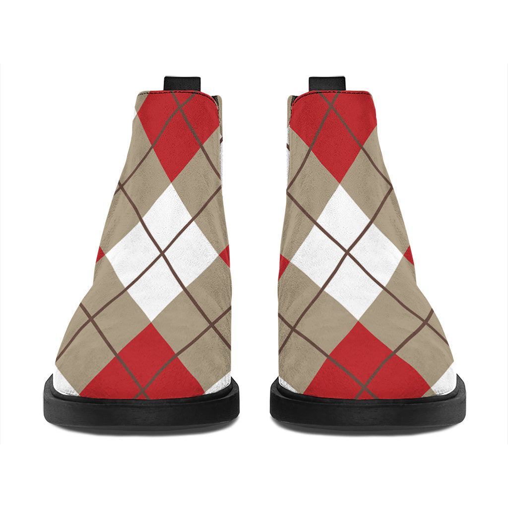 Red White And Beige Argyle Pattern Print Flat Ankle Boots