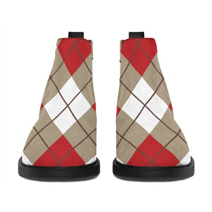 Red White And Beige Argyle Pattern Print Flat Ankle Boots