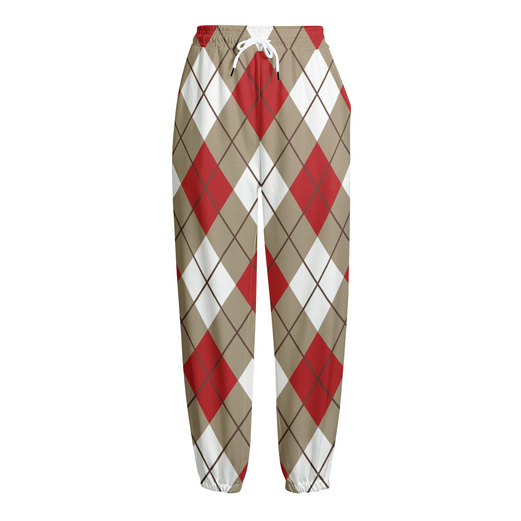 Red White And Beige Argyle Pattern Print Fleece Lined Knit Pants
