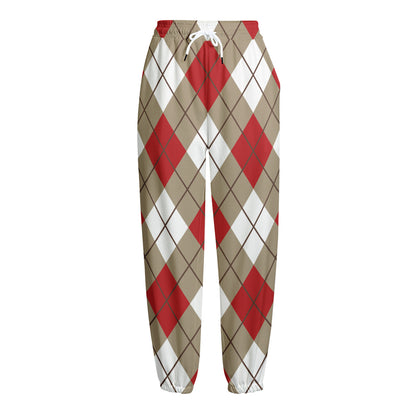 Red White And Beige Argyle Pattern Print Fleece Lined Knit Pants