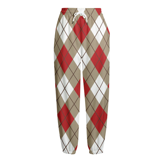 Red White And Beige Argyle Pattern Print Fleece Lined Knit Pants
