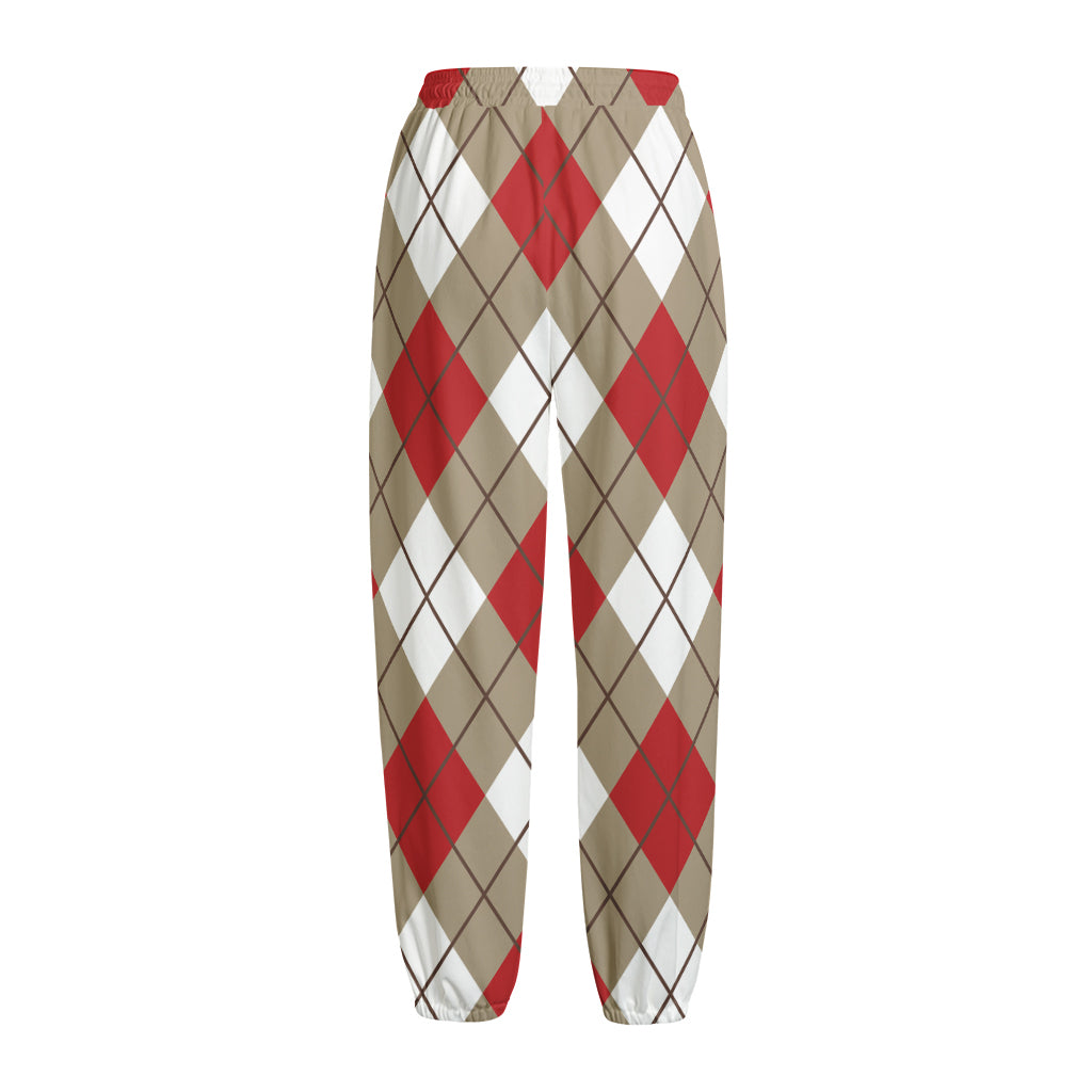 Red White And Beige Argyle Pattern Print Fleece Lined Knit Pants