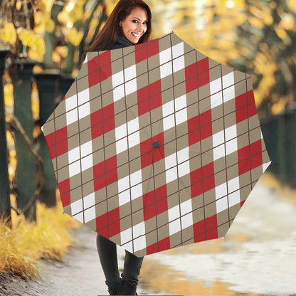 Red White And Beige Argyle Pattern Print Foldable Umbrella