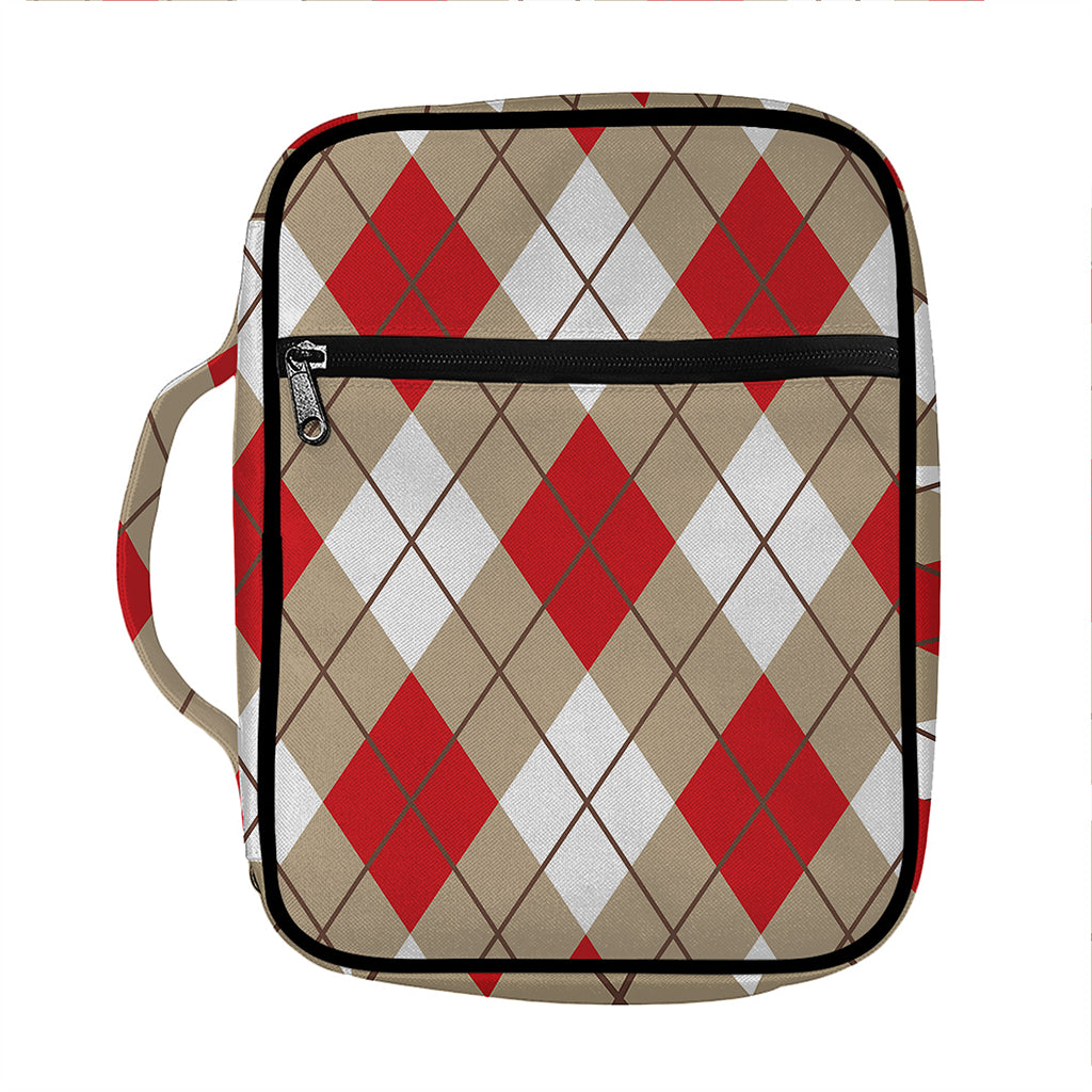 Red White And Beige Argyle Pattern Print Front Pocket Bible Bag