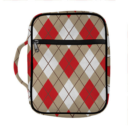 Red White And Beige Argyle Pattern Print Front Pocket Bible Bag