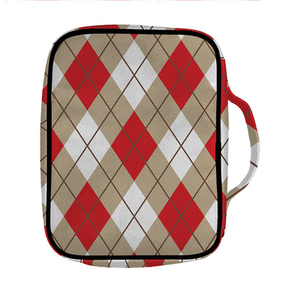 Red White And Beige Argyle Pattern Print Front Pocket Bible Bag
