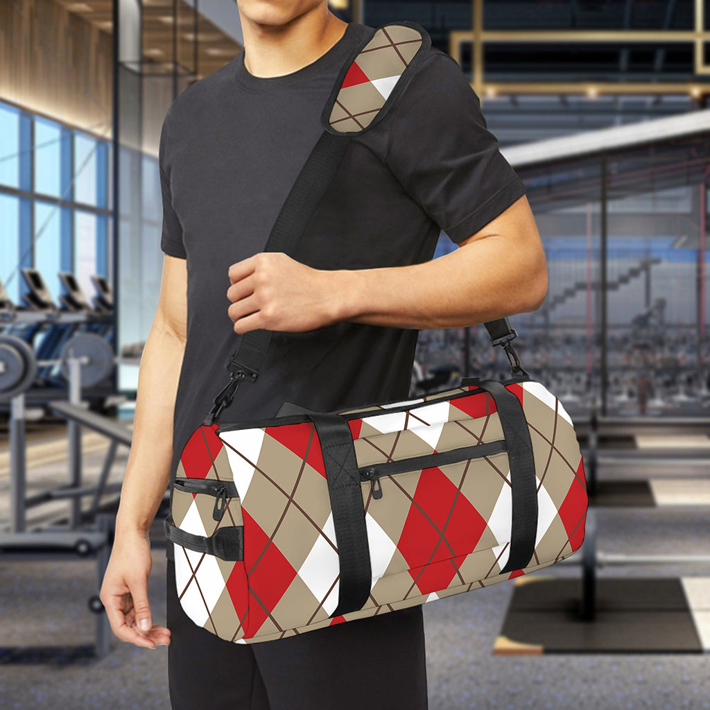 Red White And Beige Argyle Pattern Print Gym Bag