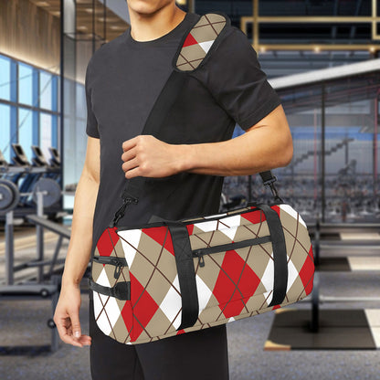 Red White And Beige Argyle Pattern Print Gym Bag