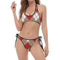 Red White And Beige Argyle Pattern Print Halter Scoop Tie Side Bikini