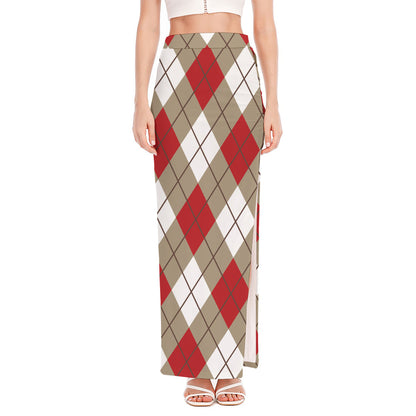 Red White And Beige Argyle Pattern Print High Slit Maxi Skirt