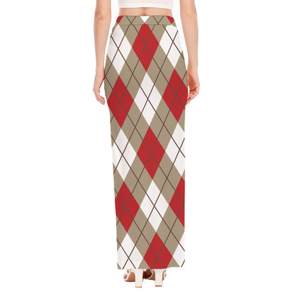 Red White And Beige Argyle Pattern Print High Slit Maxi Skirt