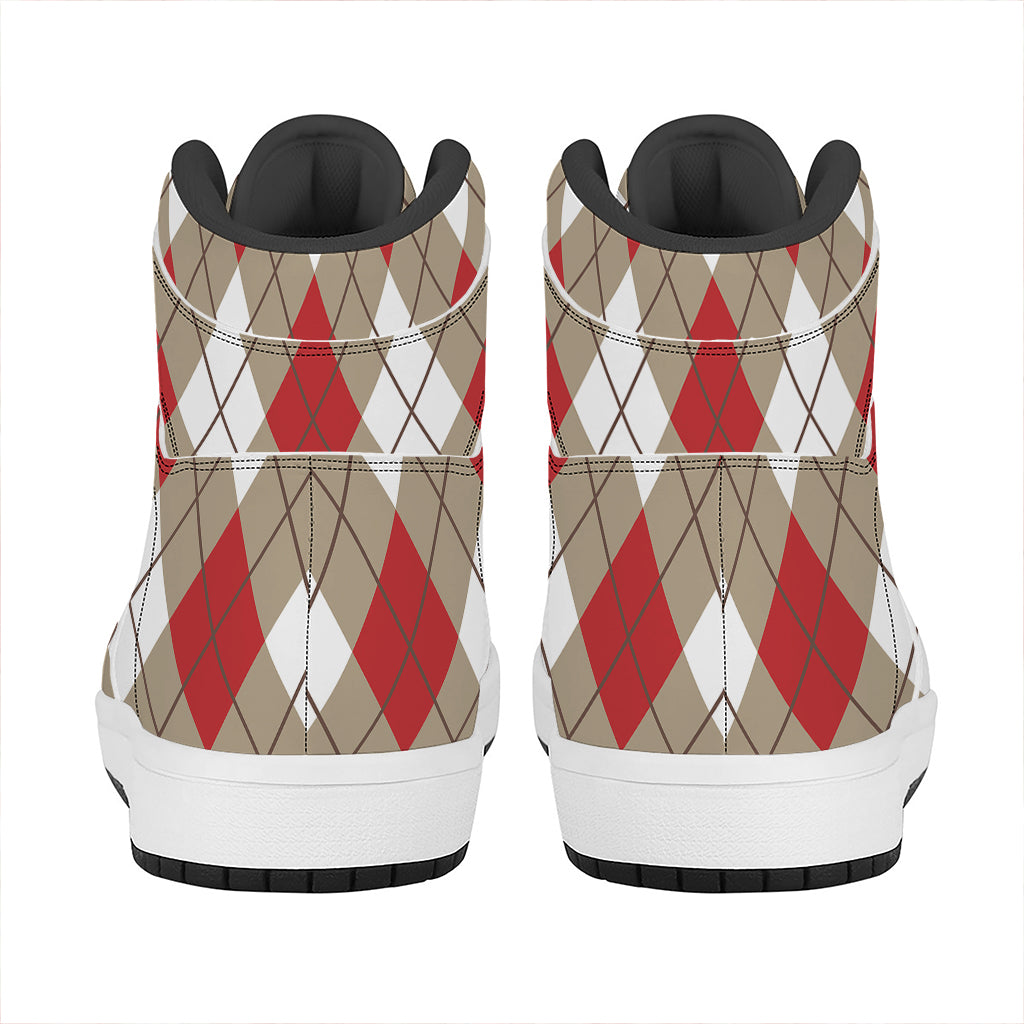 Red White And Beige Argyle Pattern Print High Top Leather Sneakers