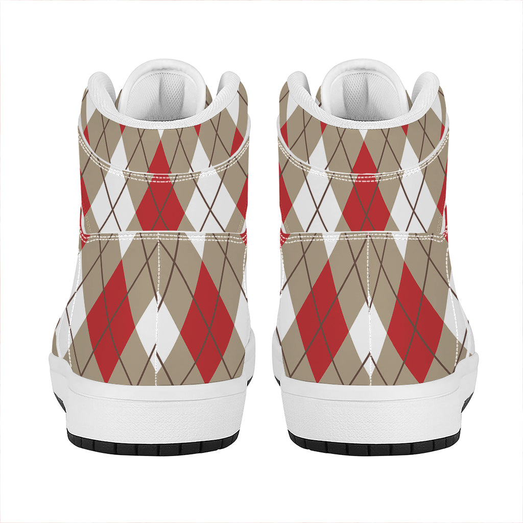 Red White And Beige Argyle Pattern Print High Top Leather Sneakers