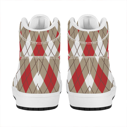 Red White And Beige Argyle Pattern Print High Top Leather Sneakers