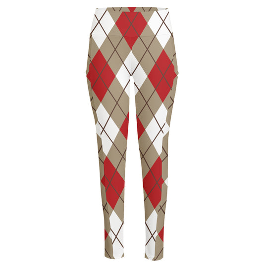Red White And Beige Argyle Pattern Print High-Waisted Pocket Leggings