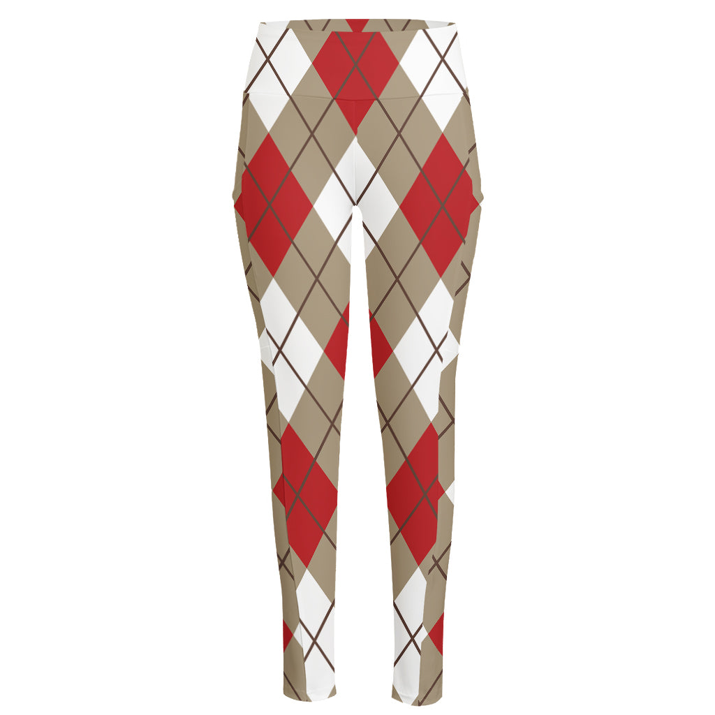 Red White And Beige Argyle Pattern Print High-Waisted Pocket Leggings