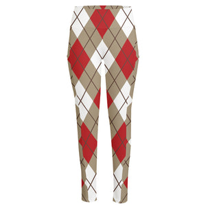 Red White And Beige Argyle Pattern Print High-Waisted Pocket Leggings