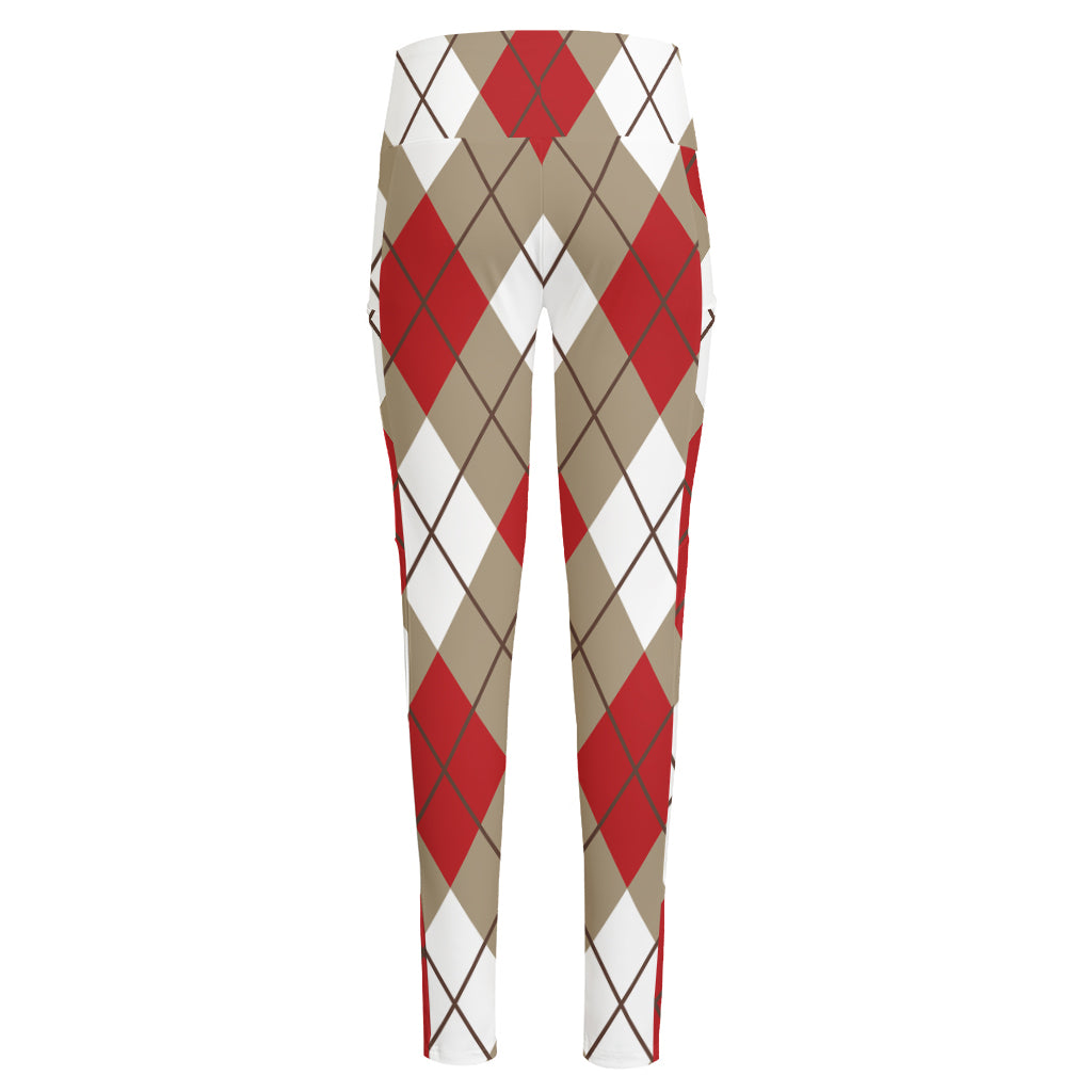 Red White And Beige Argyle Pattern Print High-Waisted Pocket Leggings