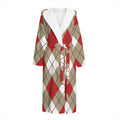 Red White And Beige Argyle Pattern Print Hooded Bathrobe