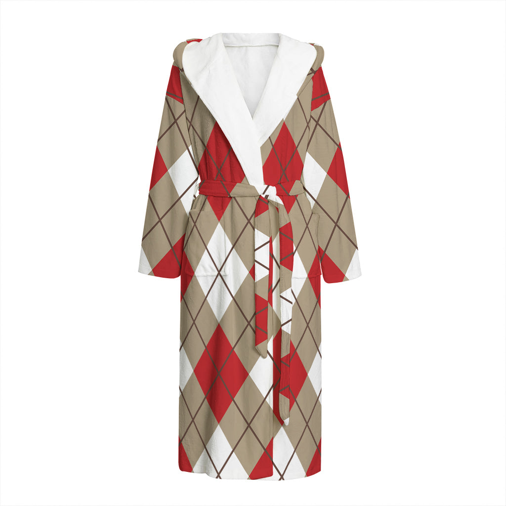Red White And Beige Argyle Pattern Print Hooded Bathrobe